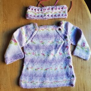 Hand Knit Baby Girl Sweater and Headband, Purple, Pink